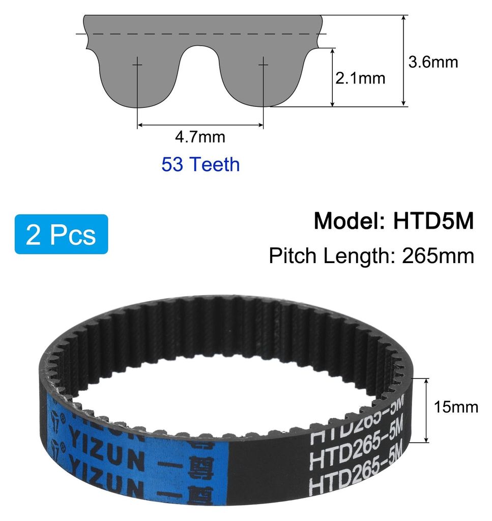 2 Stš¹ck HTD-5M Gummi Zahnriemen 53 Z?hne, 265mm Steigungsl?nge x 15mm Breite x 3,6mm H?he, Gummizahnriemen Keilriemen Antriebsriemen geschlossen...