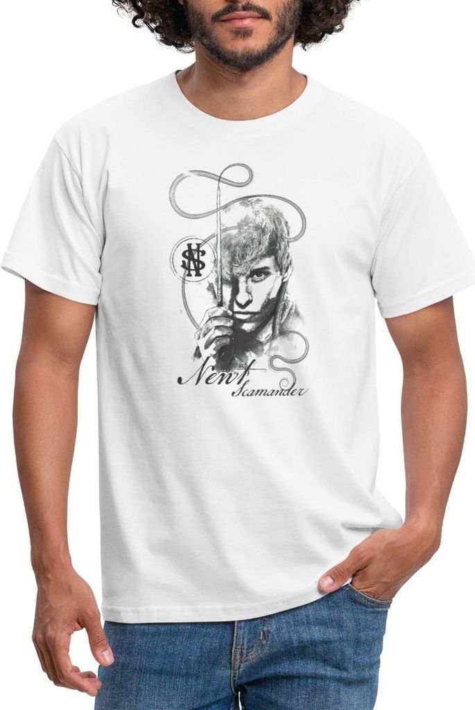 Spreadshirt Phantastische Tierwesen Newt Scamander Zeichnung Männer T-Shirt, 3XL, Weiß