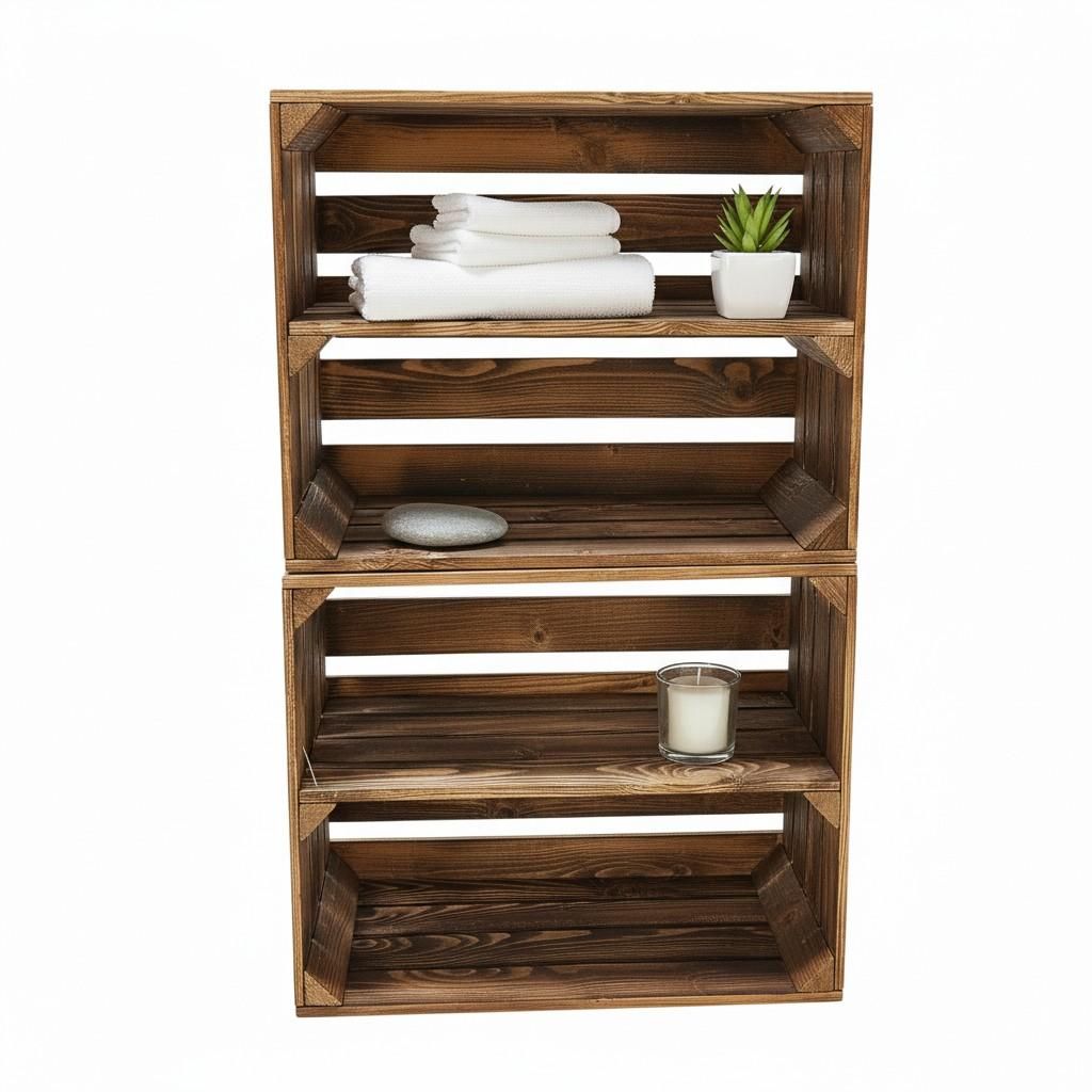 A stack of wooden crates used as shelving, with decorative items on some shelves.