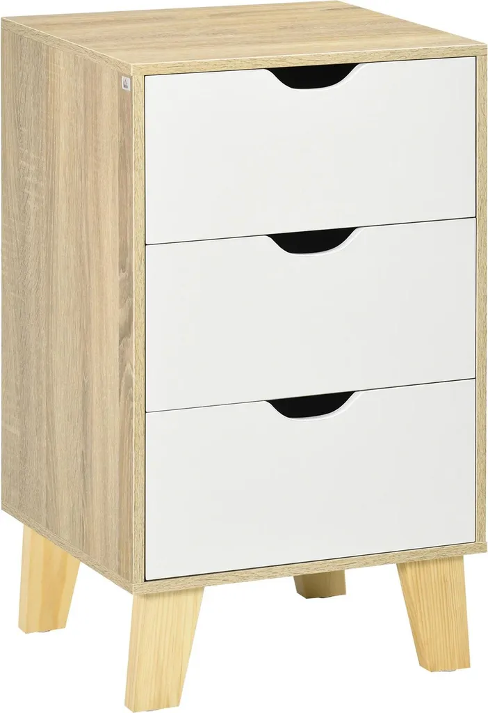 Commode de nuit 3 tiroirs en mélamine et pin blanc et chêne 40x35x68cm