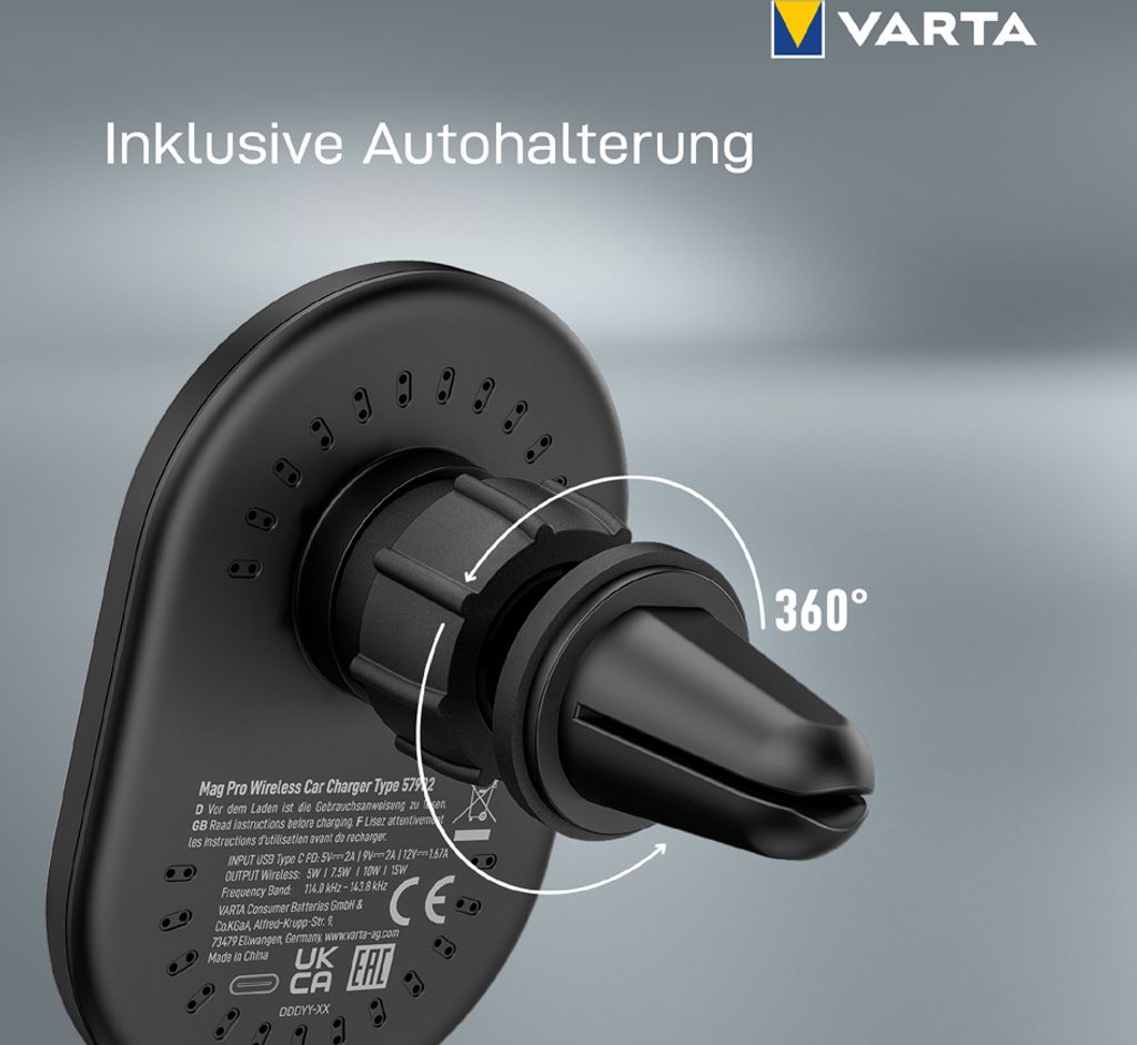 Varta Mag Pro Kabelloses Autoladegerät & Handy-Halter USb Typ-C 15 W 57902
