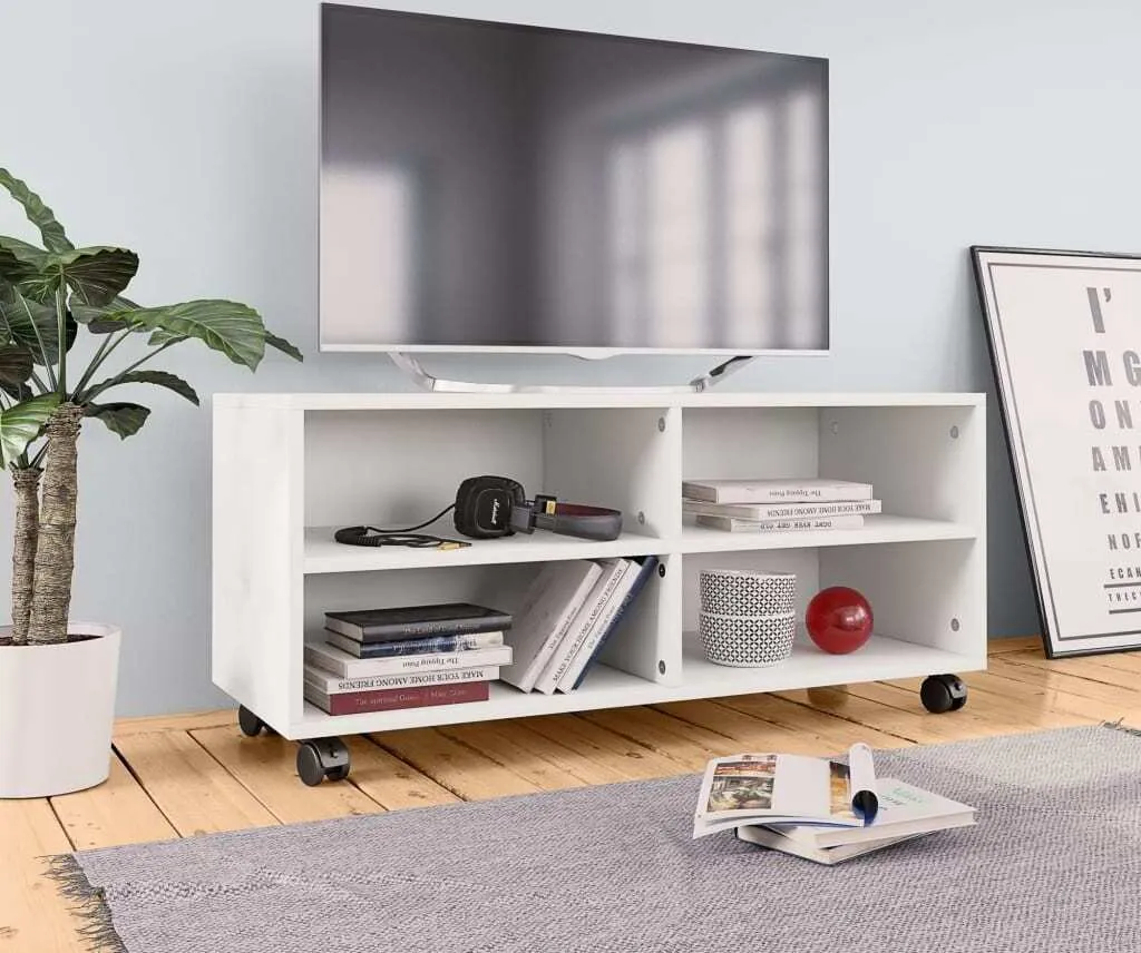 Mobile TV Bianco con Ruote 90x35x35 cm | Legno Multistrato Robusto