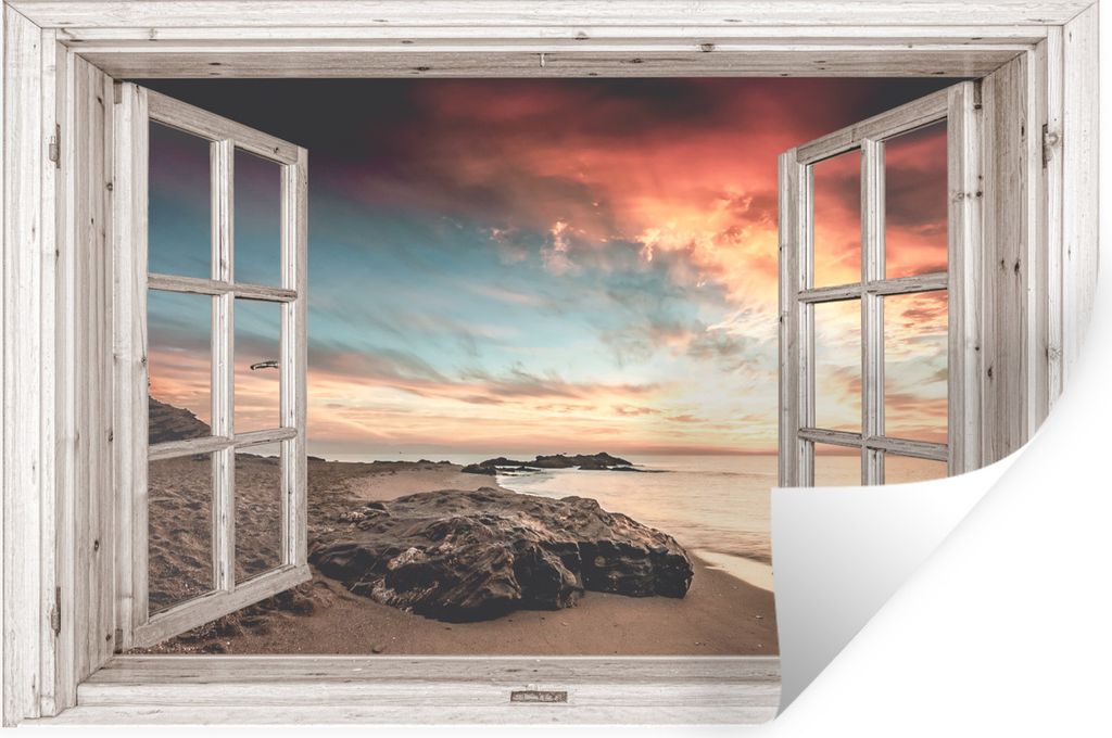 MuchoWow Wandtattoo Wandsticker Wandaufkleber Aussicht - Strand - Meer 90x60 cm Selbstklebend und Repositionierbar - Aufkleber