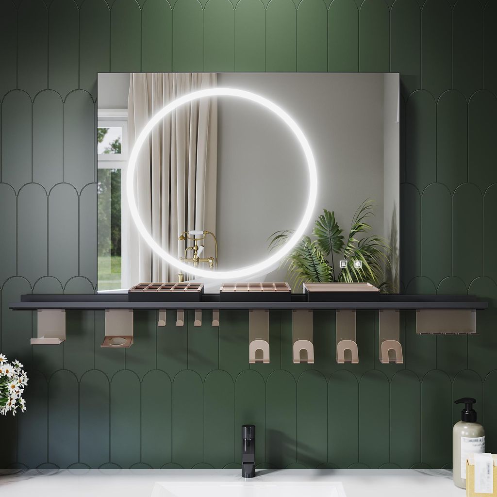 SONNI Badezimmerspiegel 80 x 60 cm, dreifarbig, dimmbar, RA90, beschlagfrei, mit multifunktionaler Ablage