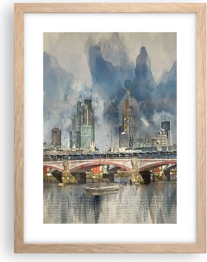 Gerahmtes Poster - Rahmen in heller Eiche - London Aquarell Panorama - 30x40 cm - Wand Bild - Wanddeko - Wandbilder - Kunstposter - Wandposter - Bi...