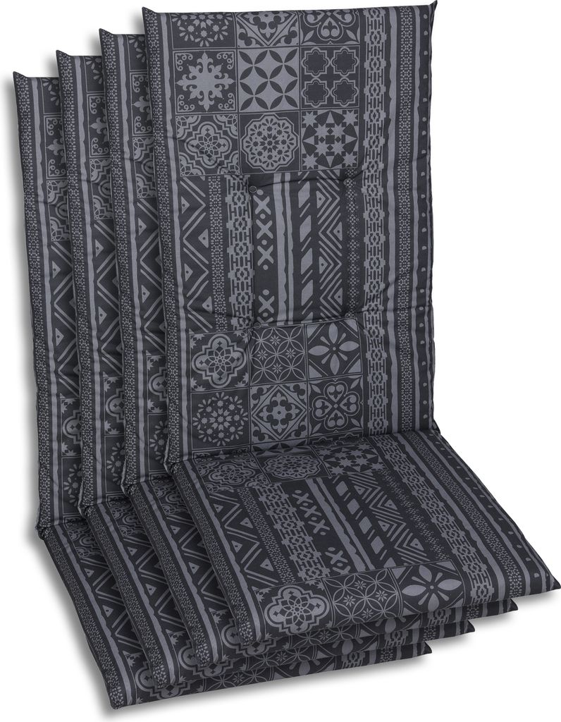 A stack of four chair cushions with a patterned design.