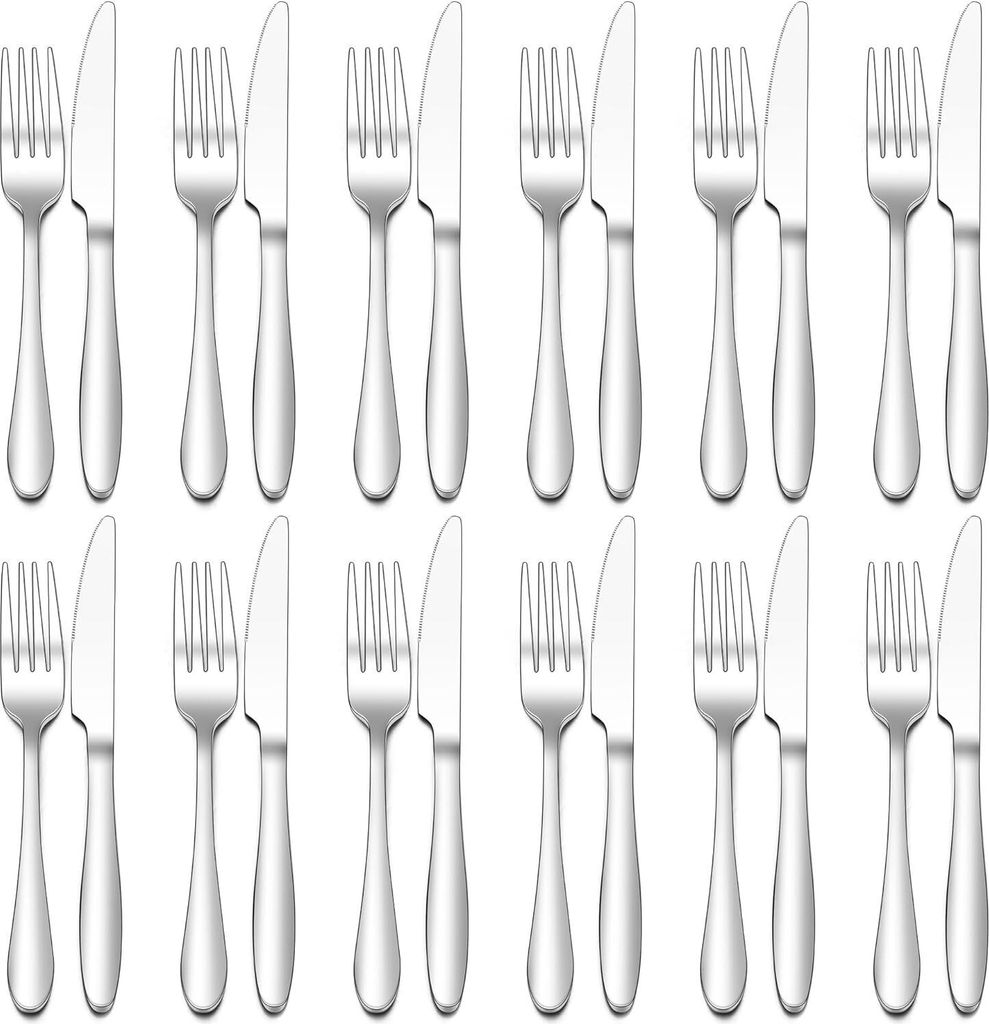 Gabel und Messer Set, 24 Stück Edelstahl Steakbesteck Set für 12 Personen, Hochglanzpoliert Besteck Set für Haus/Restaurant, 12 Tafelmesser (23c...