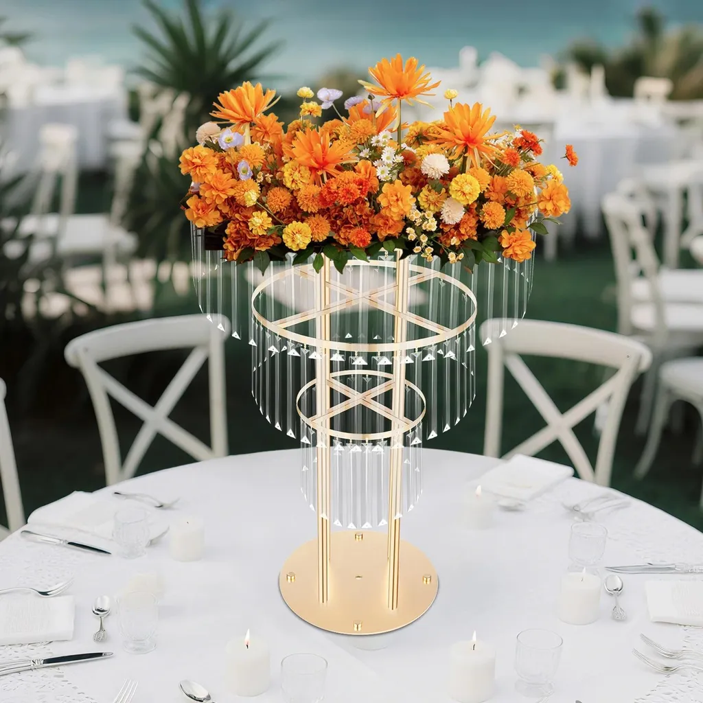 Décoration mariage : Support fleurs doré 3 étages en cristal 90cm