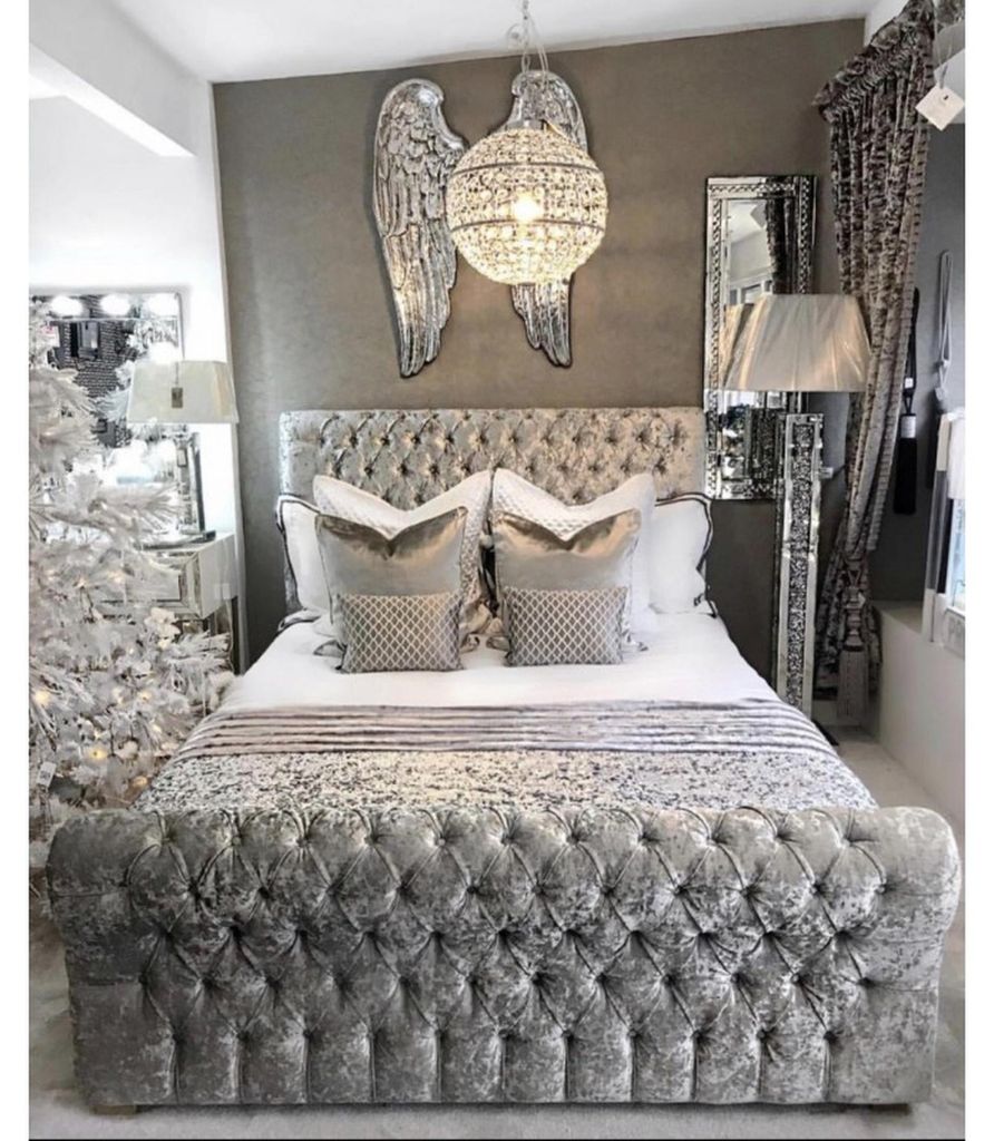 Chesterfield Bett Schlafzimmer Betten Textil 180x200cm Samt Big Hotel Grau Neu