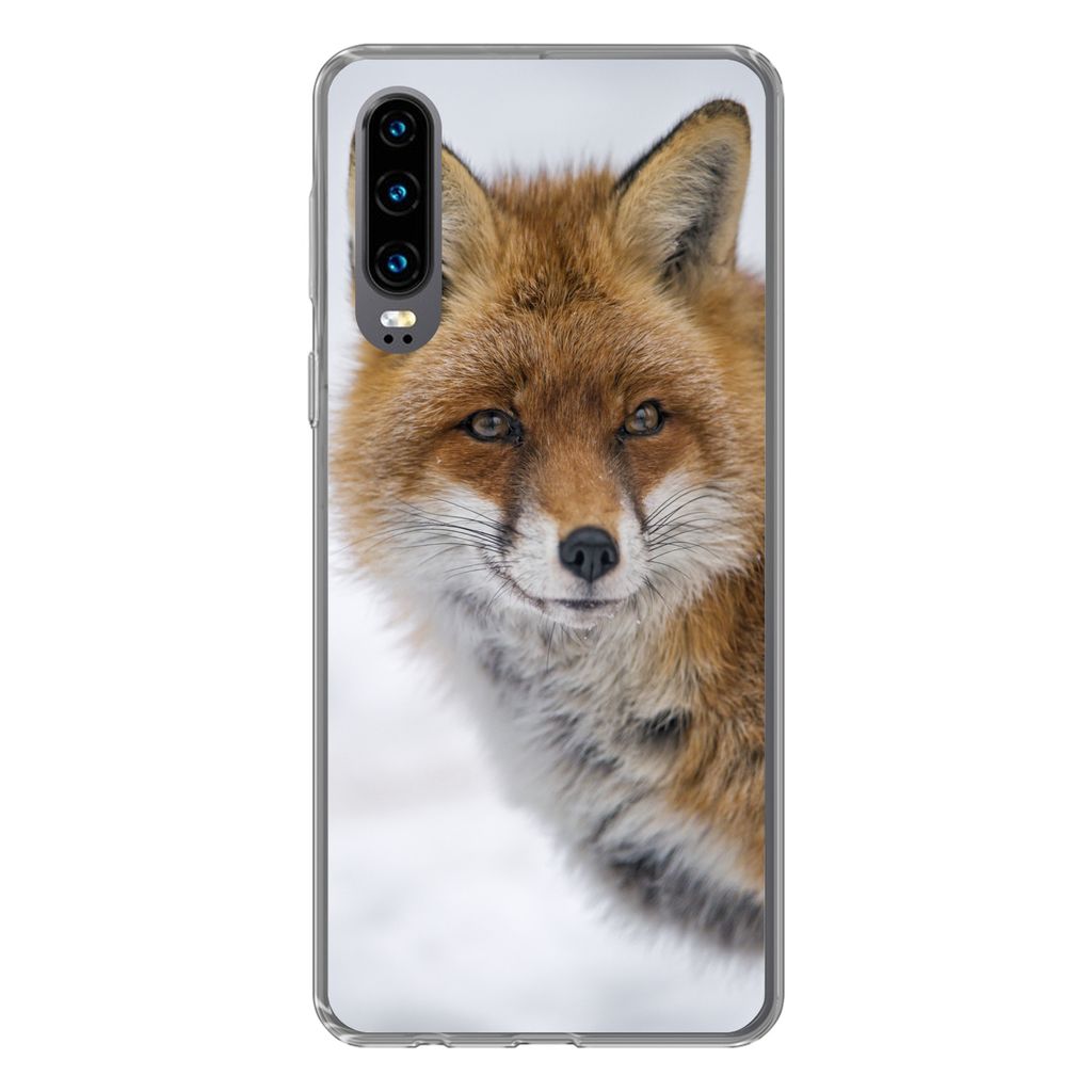 MuchoWow Handyhülle Schutzhülle Hülle für Huawei P30 Fuchs - Porträt - Schnee Silikon Softcase Handy Hülle - Kartenbesitzer