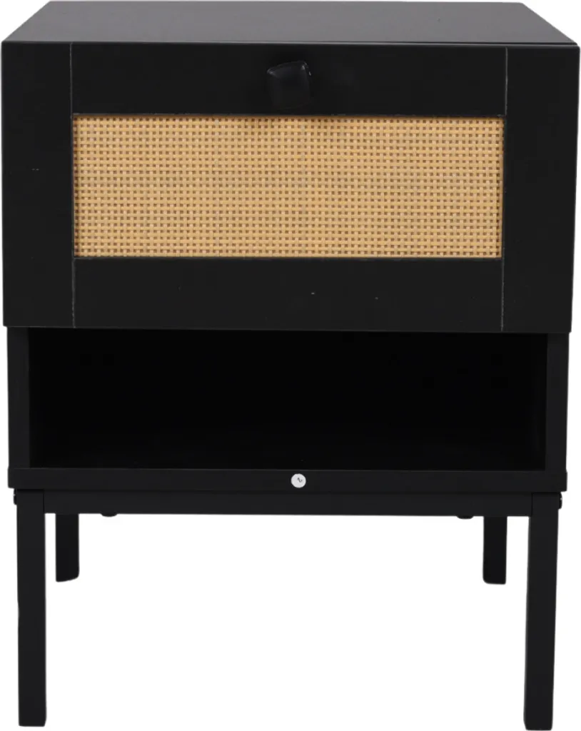 Table de nuit Japandi en bois noir et rotin - Meuble de chambre 40cm
