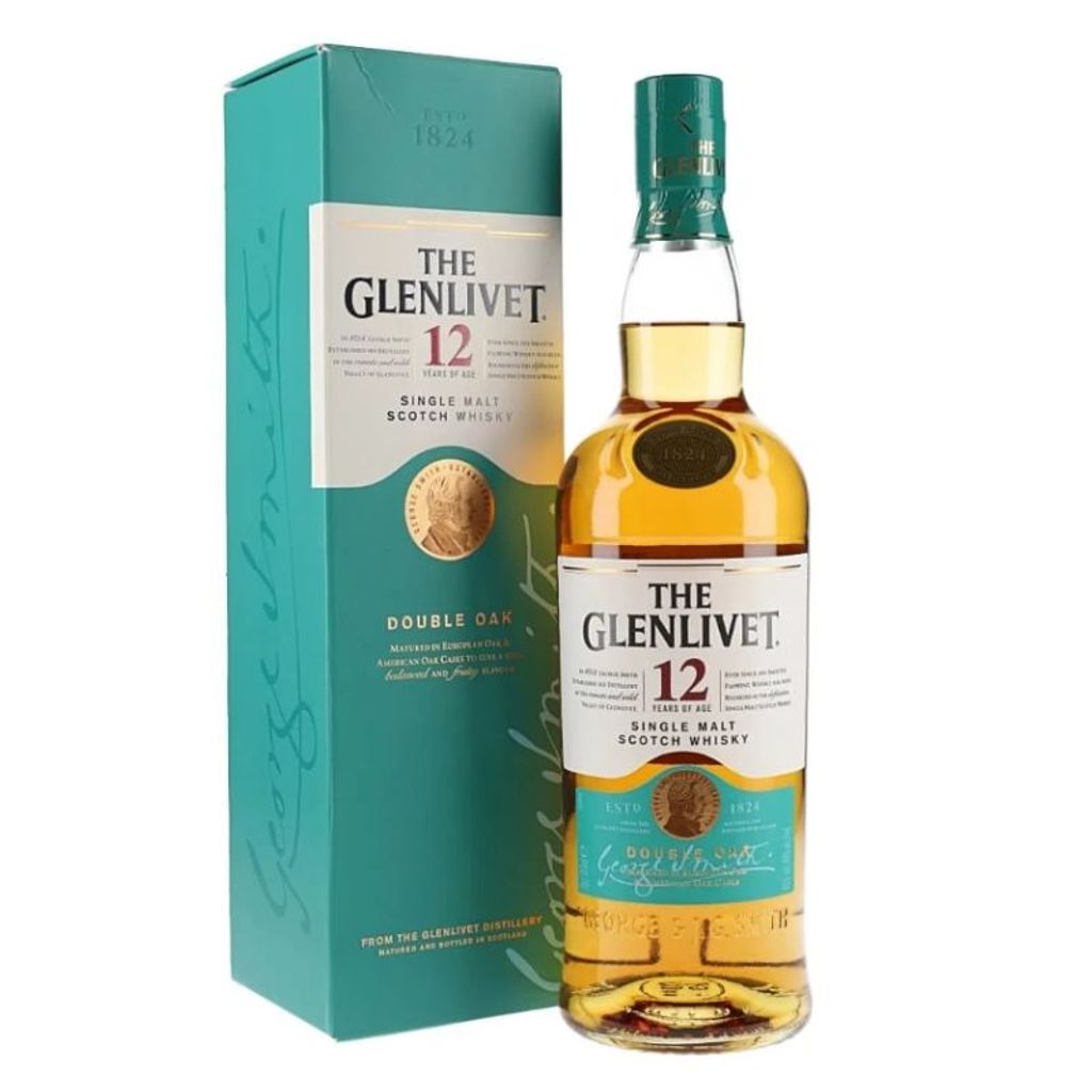 A bottle of The Glenlivet 12 Year Old Single Malt Scotch Whisky and its gift box are displayed against a white background.