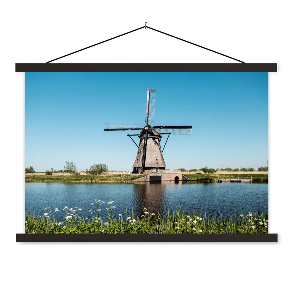 MuchoWow Textilposter Mühle - Blumen - Wasser - Niederlande 120x80 cm mit schwarzem Rahmen - Wanddeko