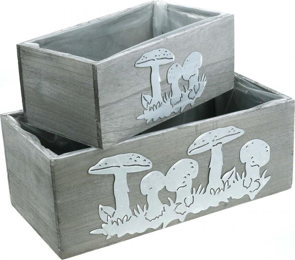 Fliegenpilz Holzkasten-Set Herbstdeko Gartendeko Pflanzkisten Vintage Grau Weiß 2er-Set L40/30cm