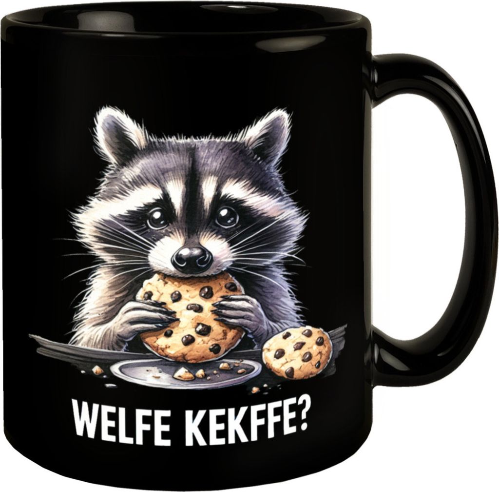 Verfressener Waschbär mit Keksen Tasse in Schwarz mit Spruch Welfe Kekffe?