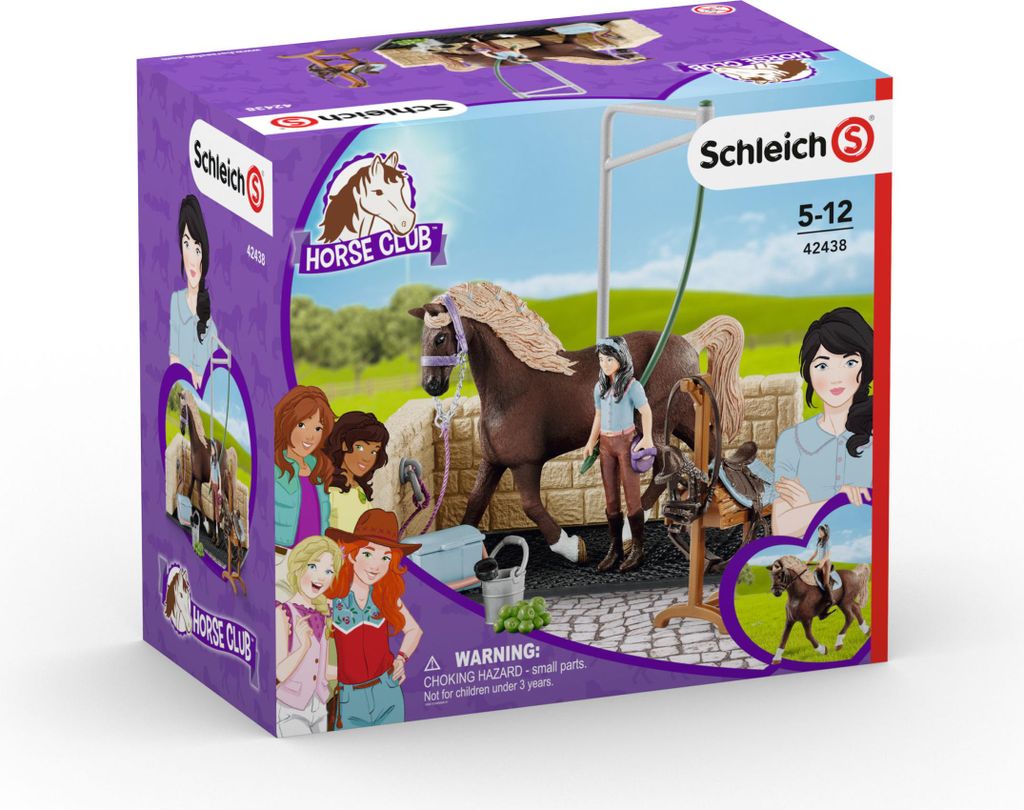 The image shows the packaging of a Schleich Horse Club toy set, featuring a horse, a girl, and a wash station.