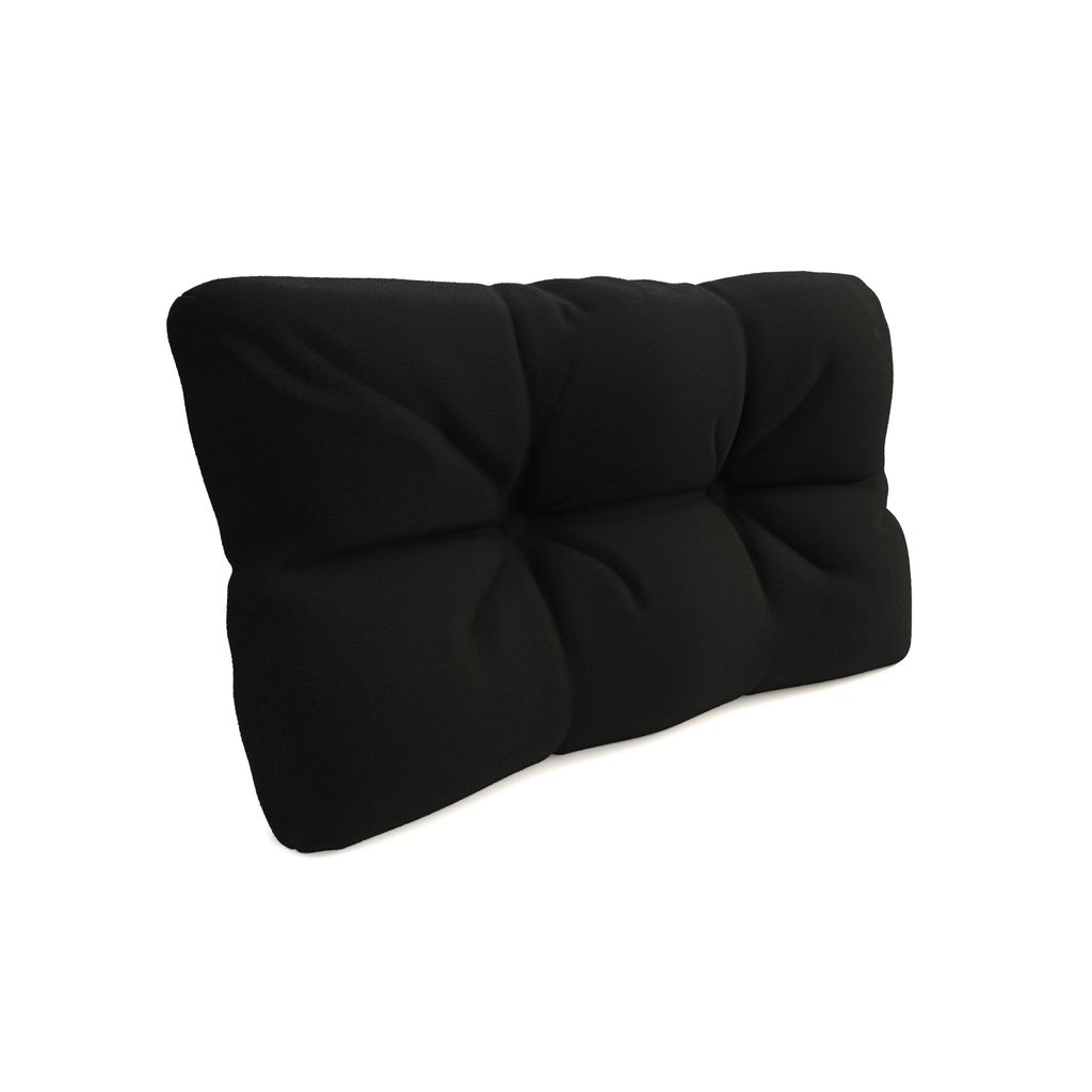 A black tufted cushion is shown against a white background.