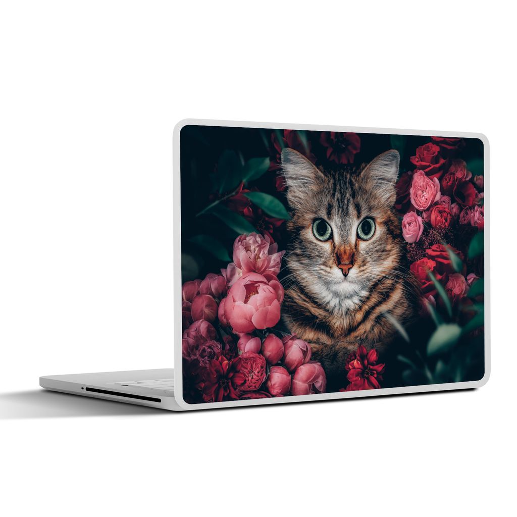 MuchoWow Laptop Aufkleber Sticker Cover Katze - Blumen - Blätter - Botanisch 36.5x27.5 cm - Laptop-Sticker