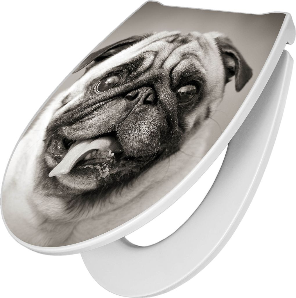 banjado Premium Toilettendeckel mit Absenkautomatik 44x37cm - Mops Porträt - WC Brille Soft Close - hygienischer Toilettendeckel/Klodeckel Duropla...