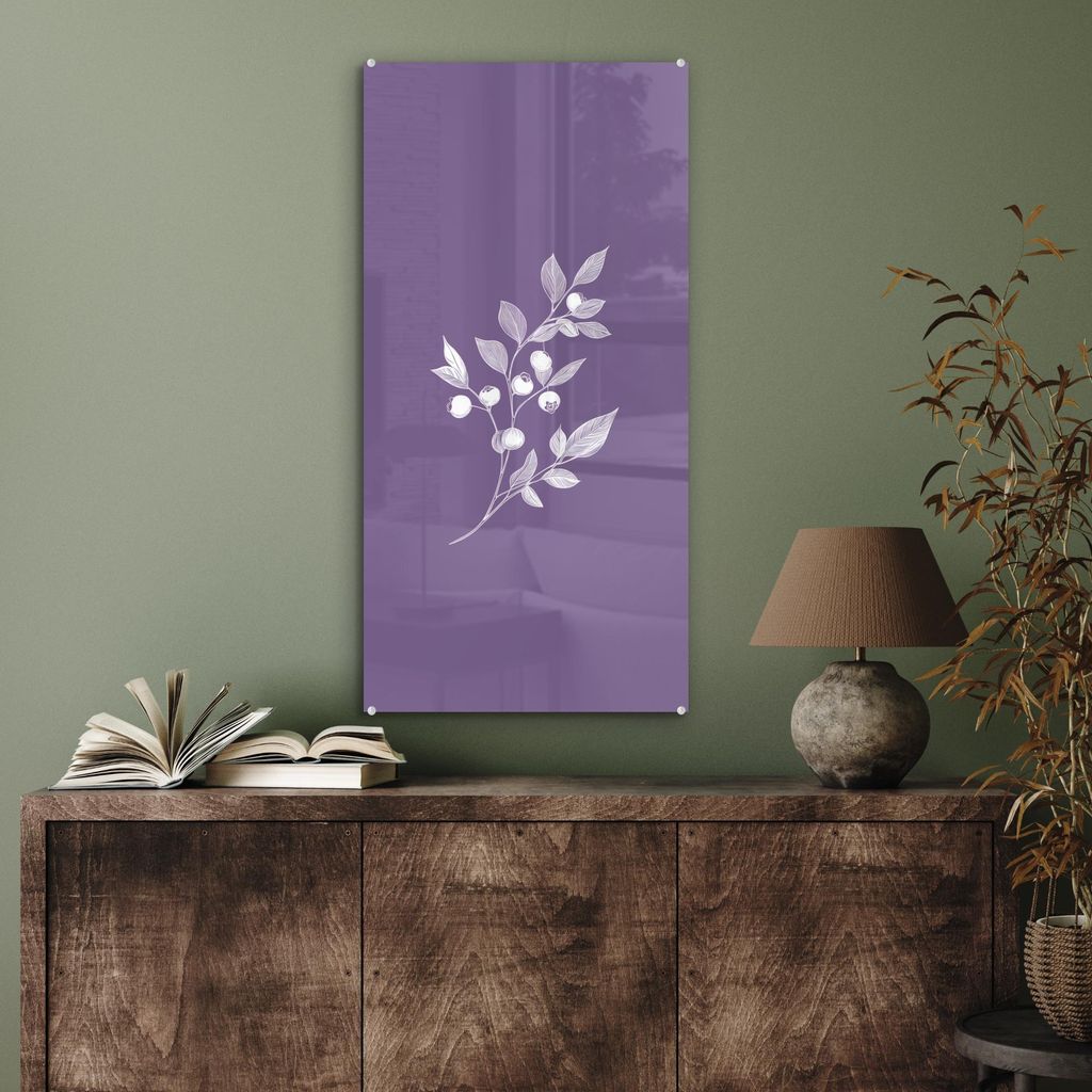 MuchoWow Glasbilder - Bilder auf Wandbild - Foto auf Glas Zweig - Anmutig - Blätter - Minimalistisch 40x80 cm Wanddekoration aus Glas - Acrylglasb...