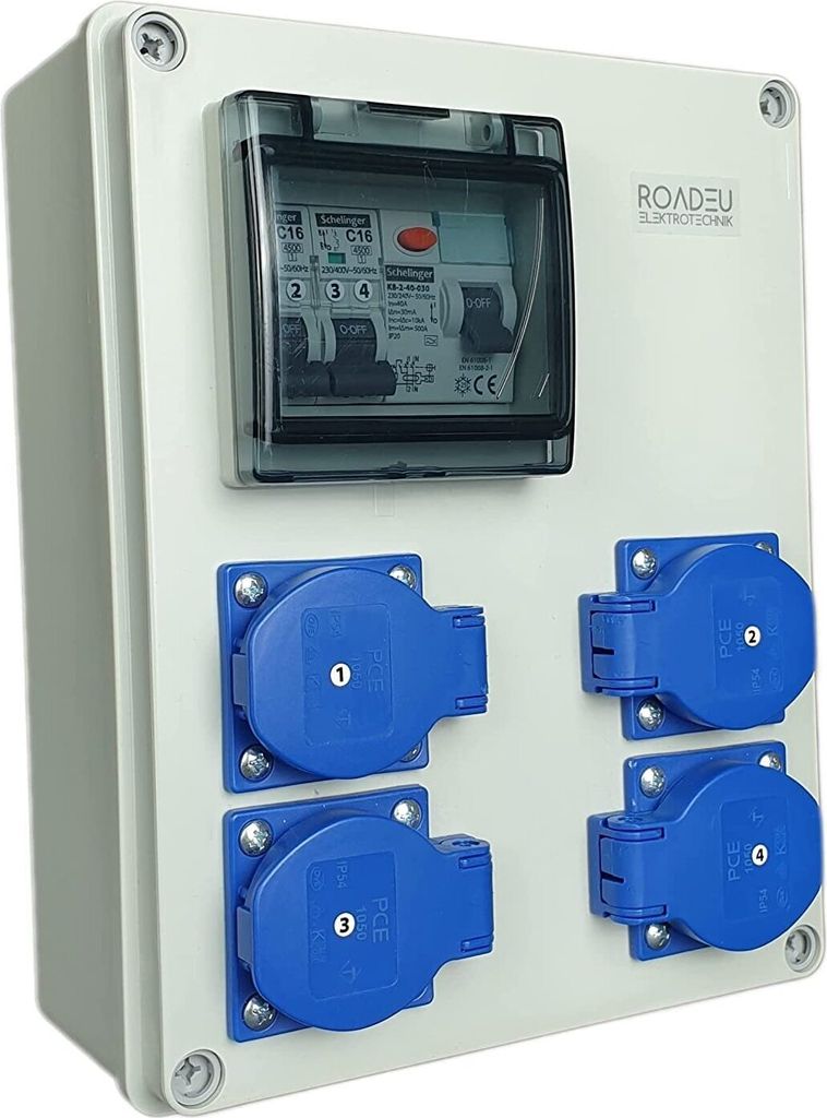 RoadEu - Stromverteiler 230V 4x PCE Schuko Steckdose mit Schalter, Steckdosenverteiler mit Fi Schutzschalter 40A A/AC - 2x C 16A, Baustromverteiler