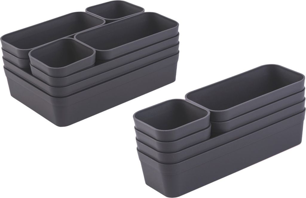 Two sets of gray plastic drawer organizers are shown against a white background. Each set contains multiple nested containers of various sizes.