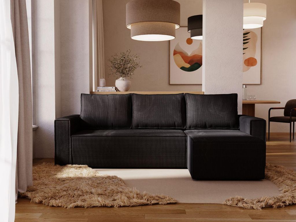 FurniDe24 Ecksofa L-Form Moly L - Ecksofa mit Schlaffunktion, Bettkasten - Moderne Ecksofa, Wohnzimmer Sofa - Eckcouch Schwarz (Poso 135 )