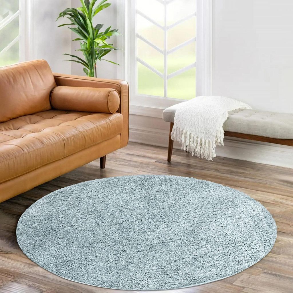 Shaggy Hochflor Teppich Wohnzimmer - Rund 120 cm - Türkis - Einfarbige Schlafzimmer-Teppiche