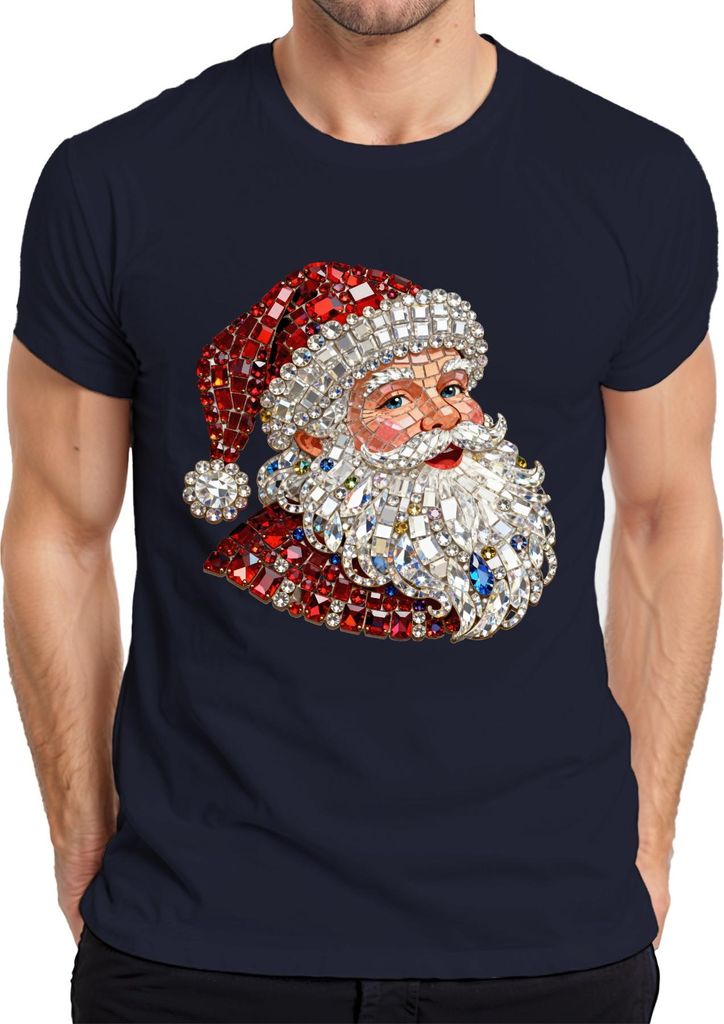 Weihnachtsmann Juwelen Mosaik Vintage Weihnachten Glitzer Herren T-Shirt, Navy, 3XL