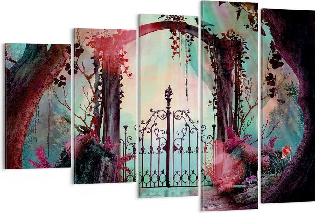 Bild auf Leinwand - Leinwandbild - 5 Teile - Fantasie Tor Garten - 150x100cm - Wand Bild - Wanddeko - Wandbilder - Leinwanddruck - Bilder - Wanddek...