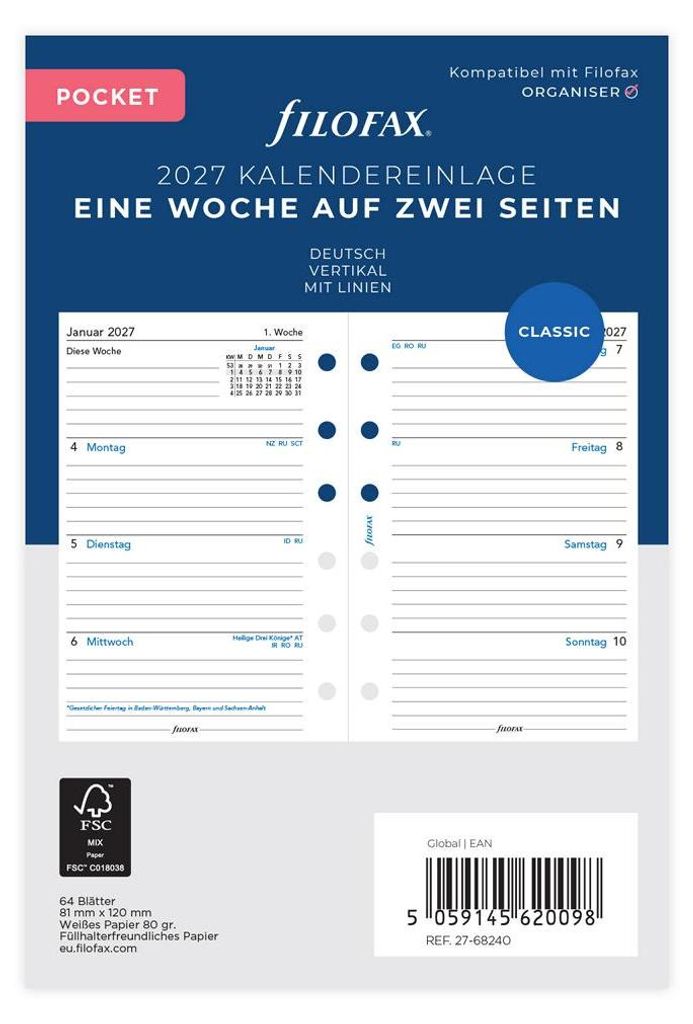 FILOFAX Kalendereinlage 2027 - POCKET - 1 Woche = 2 Seiten - weiss - deutsch