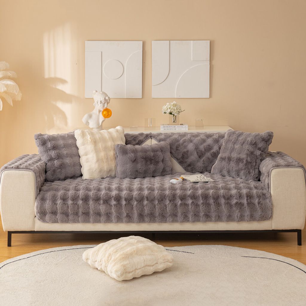 (Grau, Couchkissen 90 * 90 cm) Dickes Plüsch-Kaninchen-Sofakissen, flauschige Sofakissenbezüge, Möbelschutz