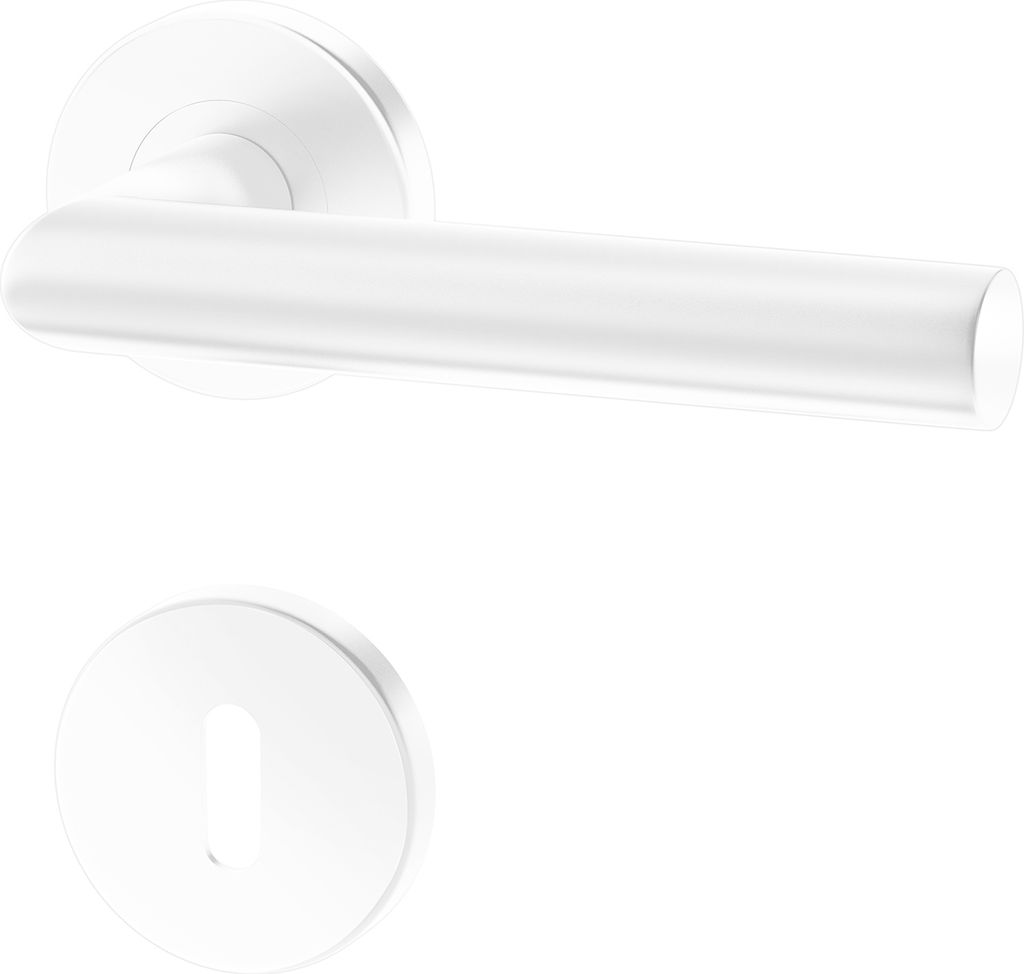 A white door handle and escutcheon plate are shown against a white background.