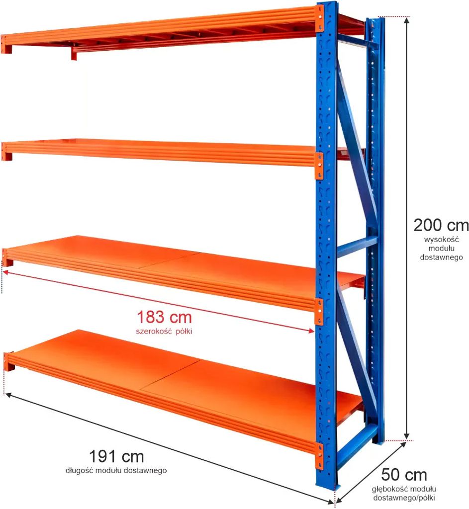 Lagerregal 4-bödig Mega-M FORTIS LIGHT H-200 cm B-192 cm T-50 cm Anbaumodul N