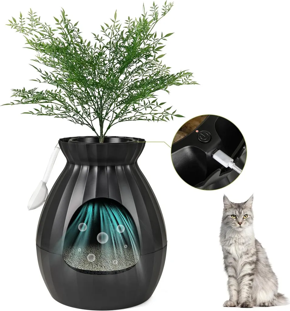 Bac à litière chat discret pour salon pot de fleur noir et XL 63L