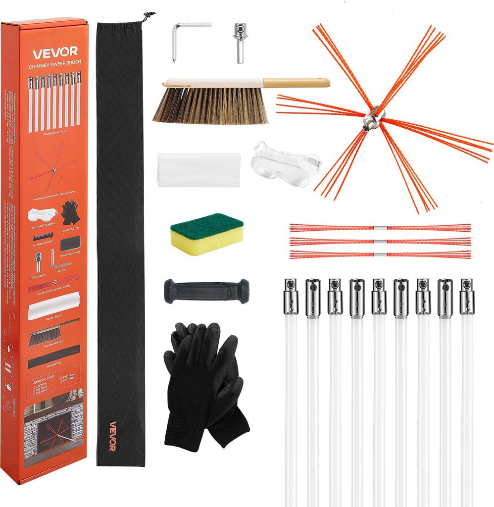 VEVOR Ofenrohrbürste-Set, 9 m max. Länge, Schornsteinbürsten, Schornsteinfeger-Satz, Kaminbürste, um 90° biegbares Kaminreinigungswerkzeug, f...