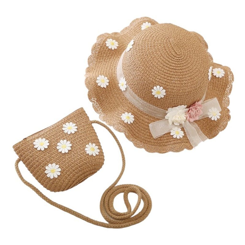 Kinderstrohhut und Handtasche Set Gänseblümchen, 52 cm, für Mädchen 2-6 Jahre