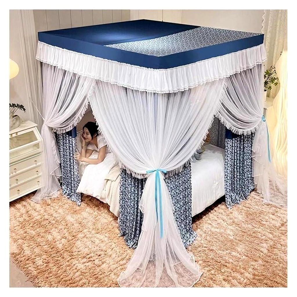 Blaues Bett mit vier Ecken, Moskitonetz 2-in-1 für Bett (120 x 200 cm)