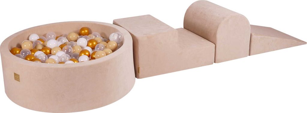 MeowBaby Spielplatz aus Schaumstoff 3-Element Schaumspielset mit Runde Bällebad, 200 Bälle, Samt, Ecru: Gold/Beige/Weiss/Transparent