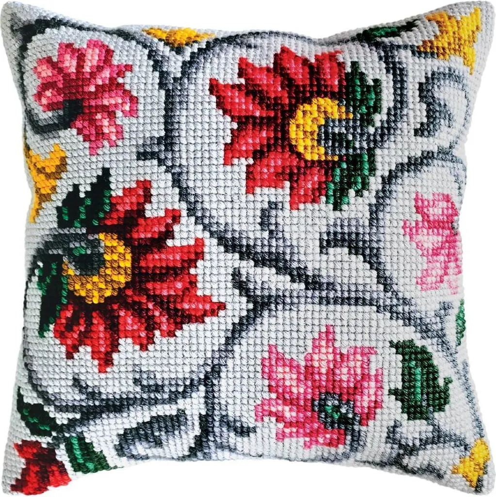Kit Broderie Point de Croix pour Coussin 40x40 cm Motif Fleurs Imprimé