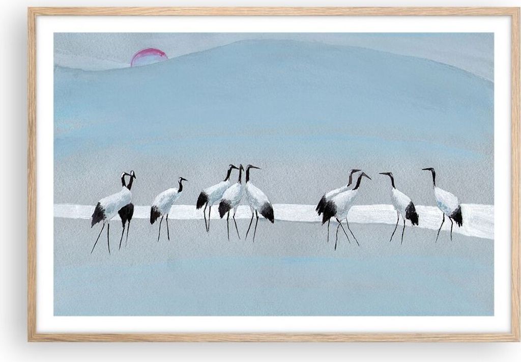 Gerahmtes Poster - Rahmen in heller Eiche - Vögel Kraniche Natur - 91,5x61 cm - Wand Bild - Wanddeko - Wandbilder - Kunstposter - Wandposter - Bil...
