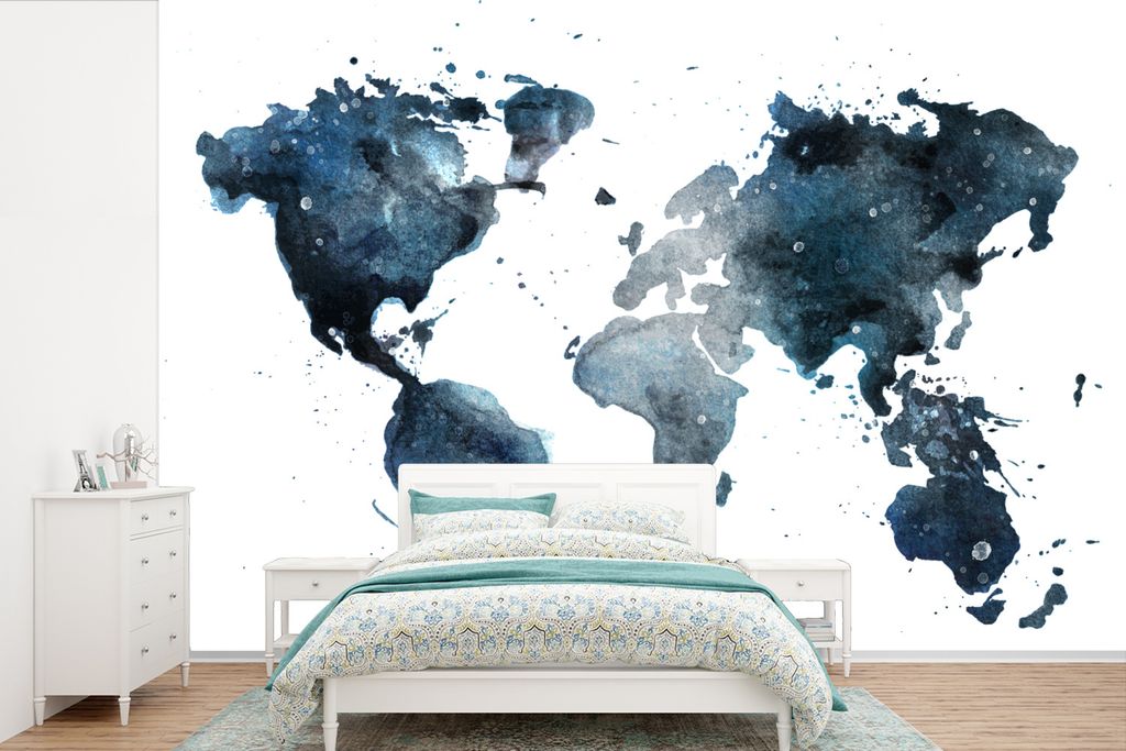 MuchoWow Fototapete für Wohnzimmer oder Schlafzimmer Wandtapete Vinyl Motivtapete Weltkarte - Blau - Abstrakt - 525x350 cm - Das Hintergrundbild