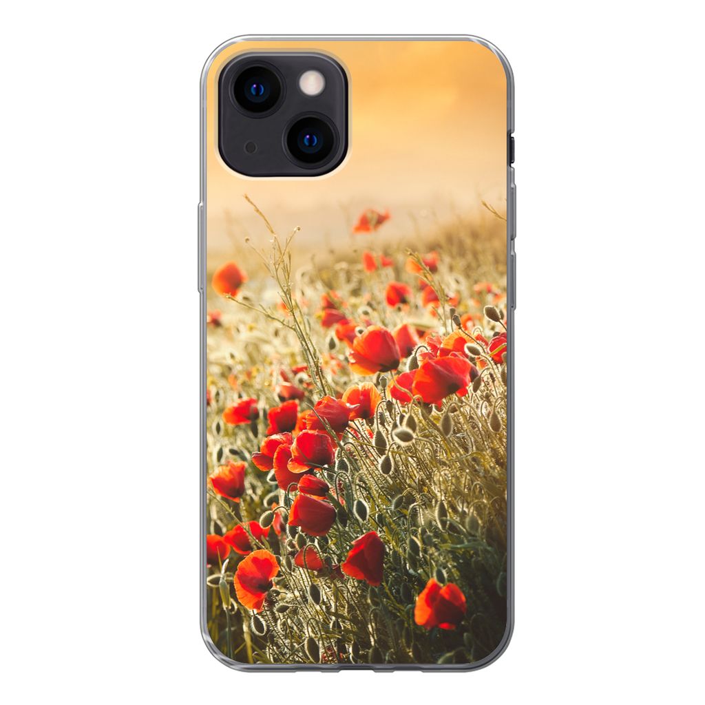 MuchoWow Handyhülle Schutzhülle Hülle für iPhone 13 mini Sonnenstrahlen über einem Mohnblumenstrauß Silikon Softcase Handy Hülle - Softcase