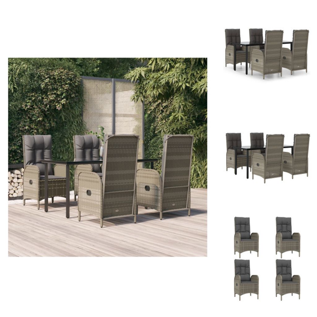 vidaXL 5-tlg. Garten-Essgruppe mit Kissen Schwarz und Grau Poly Rattan - Gartenmöbel-Sets