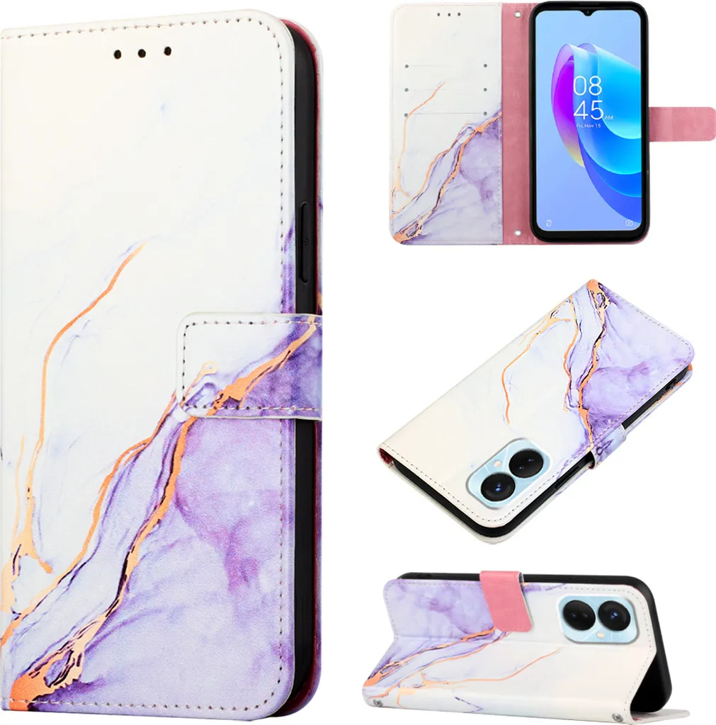 Tecno Spark 9 Pro Case, Custodia in Finto cuoio con motivo a marmi, tasche per carte, custodia stand per Tecno Spark 9 Pro / Spark 9T Bianco Viola