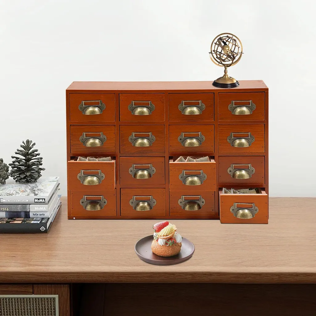 Boîte de rangement épices et médicaments 16 tiroirs en bois brun