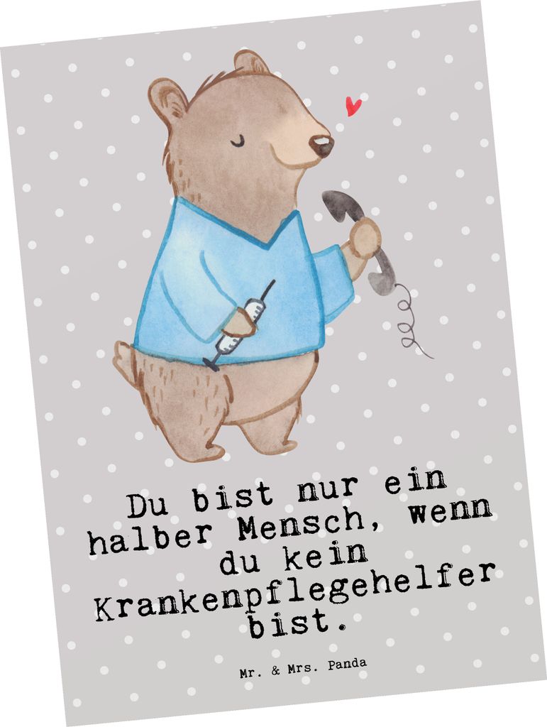 Mr. & Mrs. Panda Ansichtskarte Krankenpflegehelfer Herz - Grau Pastell - Geschenk, Kunstkarten, Pflegekraft, Ansichtskarten, Spruch, Ausbildung, Po...