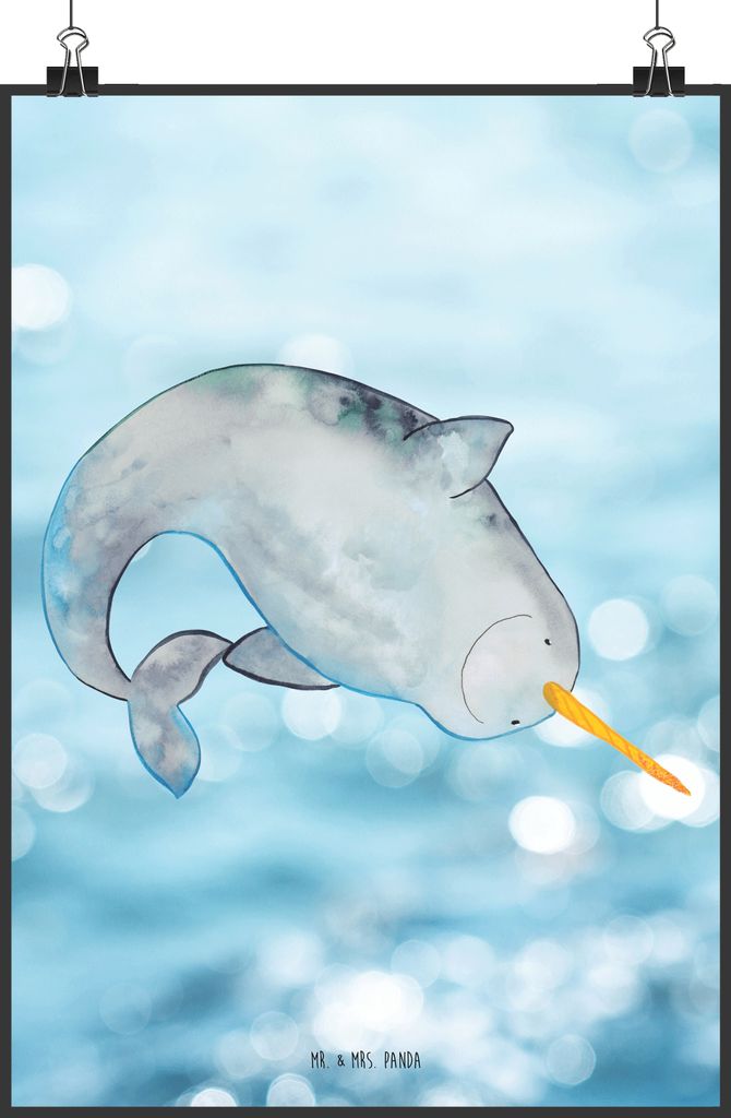 Mr. & Mrs. Panda Bild Narwal DIN A1 - Oceanblue - Geschenk, Hausfrau, Deko, Wanddekoration, drucke, wanddeko, Putzen, Plakat, Meer, Aufräumen, Kin...