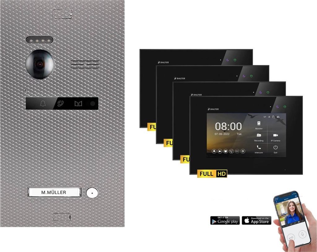 BALTER EVO HD Karbon-Silber Video Türsprechanlage Set 1 Teilnehmer 4x7" WLAN Monitor Schwarz