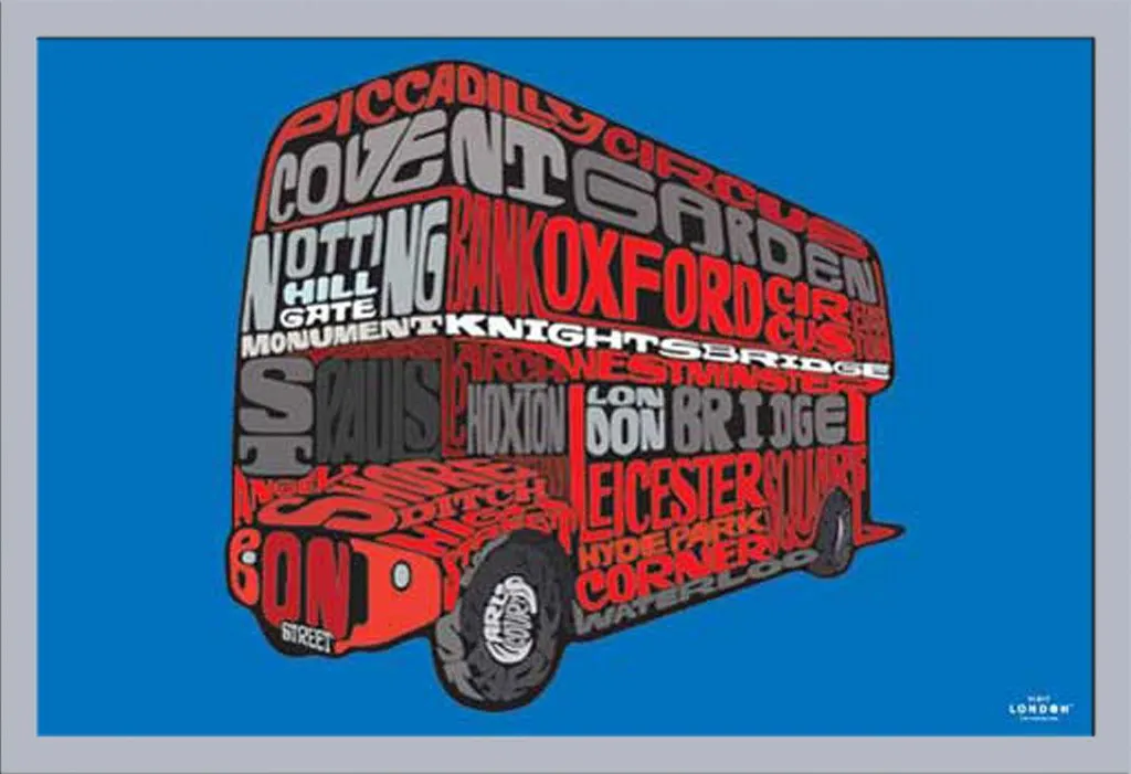 Cadre argenté avec affiche Londres Routemaster et vitre en acrylique